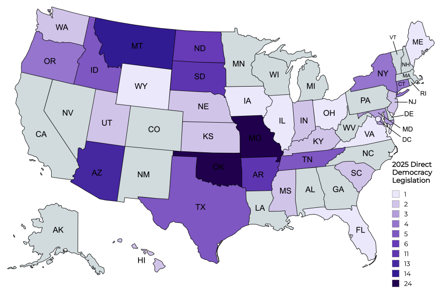 Map of the US demonstrating the number of direct democracy-related bills in play, ranging from 1 bill to 24 bills in per state